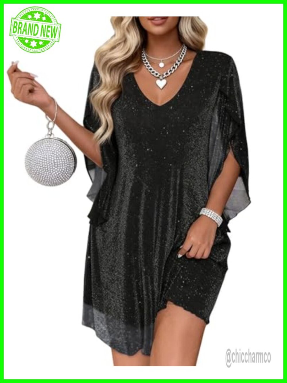 Sparkly Cocktail Dress Flutter Sleeve Loose Chiffon Party